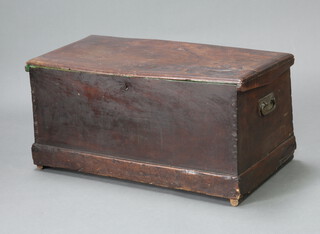 A 19th Century elm coffer with hinged lid and iron drop handles, raised on a platform base 46cm h x 96cm w x 43cm d 