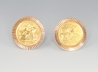 A pair of half sovereign cufflinks 1908 and 1915, contained in yellow metal 10 gram mounts