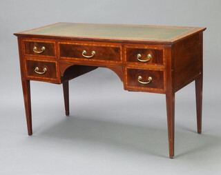 An Edwardian inlaid mahogany writing table with inset green leather writing surface, above 1 long and 4 short drawers, raised on square tapered supports 77cm h x 123cm w x 58cm d 