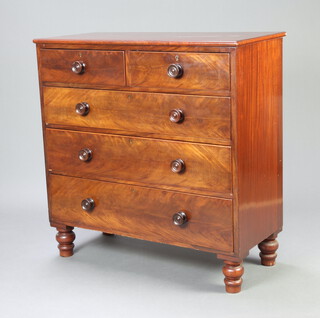 A Victorian mahogany chest of 2 short and 3 long drawers with tore handles raised on bun feet 107cm h x 106cm w x 48cm d 