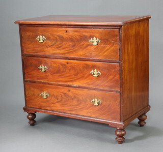 A 19th Century crossbanded mahogany secretaire chest with well fitted secretaire drawer above 2 long drawers with brass swan neck drop handles, raised on turned feet 104cm h x 111cm w x 58cm d 