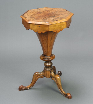 A Victorian octagonal figured walnut work box of conical form with hinged lid, raised on a tripod base 70cm h x 43cm w x 43cm d 