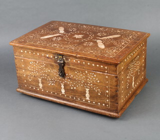 An Indian inlaid hardwood trinket box, the lid inlaid a peacock, fitted interior 23cm h x 45cm w x 30cm d 