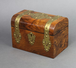 A Victorian figured walnut and brass banded twin compartment tea caddy 13.5cm h x 20cm w x 12cm d 