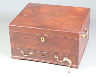A Georgian mahogany plate box with hinged lid and brass carrying handles to the sides, the base fitted a drawer and complete with original key 34cm h x 64cm w x 53cm d  