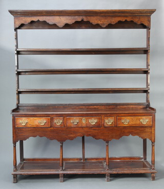 An 18th Century oak dresser the raised back with moulded cornice fitted 3 shelves above an arrangement of 3 long and 2 short drawers, raised on turned supports above pot board, 208cm h x 171cm w x 47cm d 