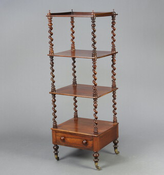 A Victorian rectangular rosewood 4 tier what-not with spiral turned columns, the base fitted a drawer, raised on turned supports 124cm h x 45cm w x 40cm d  