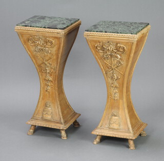 A pair of late 19th/early 20th Century Adam style waisted carved pine pedestals with green marble tops, raised on hoof supports 80cm h x 36cm w x 32cm d 