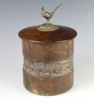 An Edwardian silver plated mounted wooden tobacco jar with pheasant finial and a hunting scene band 20cm