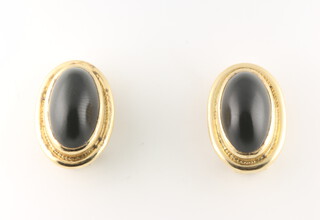 A pair of 18ct yellow gold cabochon cut hard stone earrings 20mm, 14.5 grams 