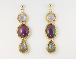A pair of yellow metal drop earrings set with moonstones and hard stones 19.7 grams, 42mm  