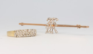A 14ct yellow gold diamond ring size P, 3.6 grams and a 9ct yellow gold diamond set bar brooch 2.3 grams 