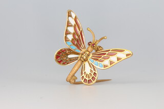 A yellow metal plique-a-jour butterfly brooch 4.1 grams, 35mm  