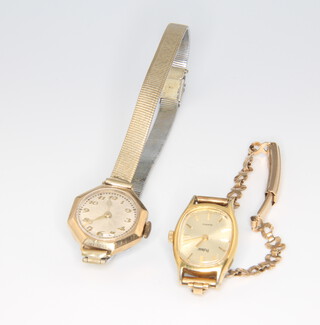 A lady's gilt cased Pulsar wristwatch on a 9ct gold bracelet together with a lady's 9ct octagonal wristwatch on a metal strap 