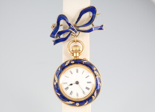 A lady's 18ct yellow gold and blue guilloche enamel diamond set fob watch with similar bow, contained in a 32mm case, the bow is unmarked 