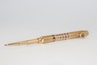 A 9ct yellow gold enamelled S Mordan & Co calendar propelling pencil, 11.5cm, gross weight 24.7 grams 