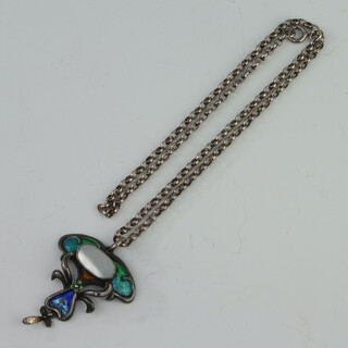 An Art Nouveau silver mother of pearl and enamel pendant 40mm x 30mm on a silver chain 