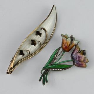 A 925 guilloche enamel lily of the valley floral brooch, another 