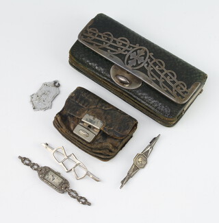A lady's silver and marcasite wristwatch and minor jewellery including 2 purses 