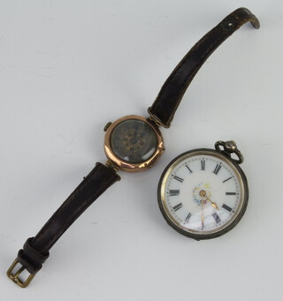 A lady's 9ct yellow gold cased wristwatch together with a silver fob watch 