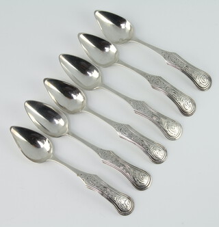 Six Dutch silver teaspoons with chased scroll decoration 1847, 64 grams
