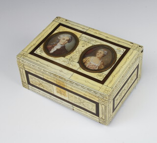 A musical jewellery box with painted double oval portraits by Reynolds of a lady and gentleman, the box covered with engraved piano keys 17cm x 12cm x 8cm 