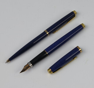 A Parker blue lacquer fountain pen with 14ct nib and Japanese monogram together with a ditto ballpoint pen in the manner of Namiki