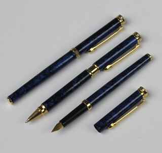 A blue marble effect fountain pen, a ditto ballpoint pen and 1 other 