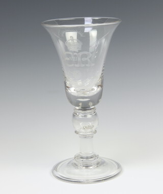 A 1937 Edward VIII Coronation trumpet glass with coin stem, engraved 23cm