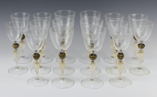 A set of six Murano, wine glasses with gilt stems, 21cm h, nine smaller ditto, 20cm h, and another, 20cm h