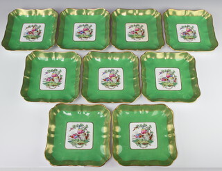 A set of nine Spode square dessert plates, the green ground enclosing a panel of exotic birds, 20.5cm diam