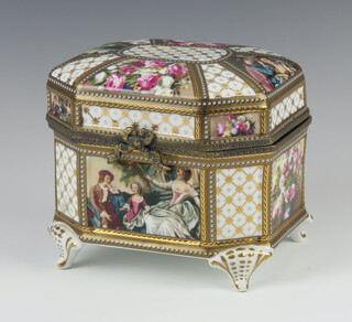 A modern Limoges octagonal trinket box decorated with panels of figures and flowers with gilt metal mounts 14cm 