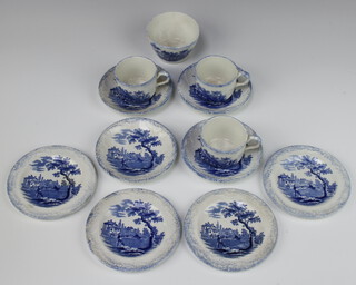 A Ridgways transfer print part tea set decorated with scenes from Charles Dickens Old Curiosity shop comprising 3 tea cups, 4 saucers, 4 small plates and a sugar bowl 