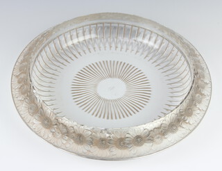 A Lalique Marguerites frosted and clear glass shallow bowl having a moulded floral rim with engraved LALIQUE FRANCE 37cm 