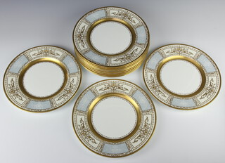 Twelve Minton dinner plates with gilt rims and blue panels of flowers 27cm 