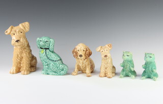 A Sylvac tan seated terrier 20cm, a ditto 12cm, a ditto spaniel 13cm, 2 green seated bears 10cm and a ditto spaniel 15cm 