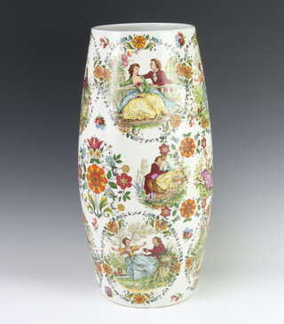 A Continental porcelain baluster vase decorated with fete gallant and floral panels 46cm 