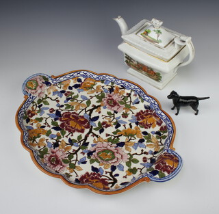 A French ceramic platter decorated with flowers 51cm together with a 19th Century teapot decorated with country house view (chipped spout) and a Beswick figure of a black labrador (stuck leg) 