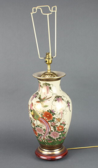 A modern Satsuma baluster lamp decorated with exotic flowers, birds and wisteria 40cm 