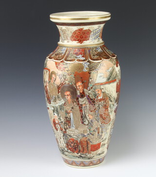 An early 20th Century Japanese Satsuma oviform vase decorated with figures in a building 45cm 