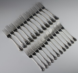 Twelve silver plated lily pattern dinner forks and 12 ditto dessert forks 