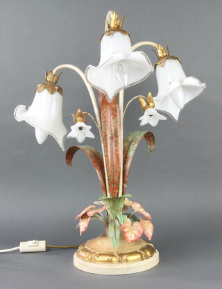 A wrought metal and glass table lamp in the form of an arrangement of lilies 54cm h x 23cm 