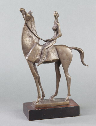 In the manner of Elizabeth Frink, a bronze figure of a lady on horseback, raised on a wooden base 26cm h x 13cm w x 7cm d 