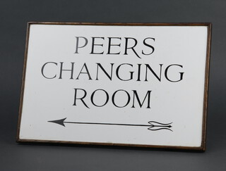 An oak and laminate table sign marked Peers Changing Room (from the House of Lords) 26cm h x 39cm w x 10cm d 