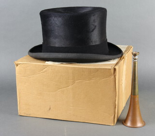 A Lock & Co black hunting top hat together with a copper and brass hunting horn 