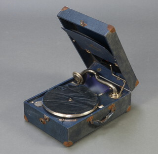 A Decca 75 portable manual gramophone complete with winder, contained in a blue fibre case 16cm h x 29cm w x 41cm d 