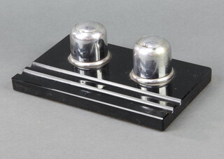 An Art Deco chrome and black glass 2 bottle inkwell, the base incorporating a pen tray 5cm h x 20cm w x 11cm d 
