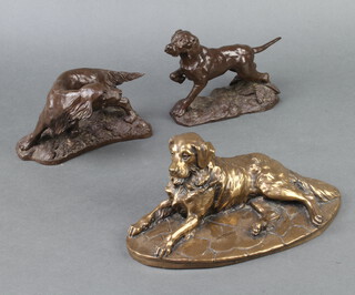 A bronzed figure of a standing setter raised on an oval base 12cm h x 17cm w x 7cm d, after A Martin a bronzed figure of a recumbent dog 9cm x 25cm x 11cm and 1 other of a standing dog 13cm x 15cm x 7cm 