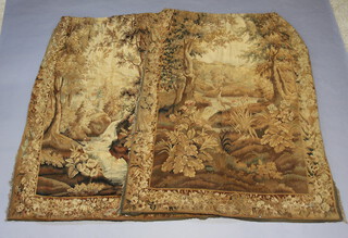A pair of antique tapestry curtains decorated landscapes each curtain measures 216 x 171cm 