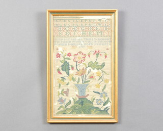 Sampler, coloured embroidery, alphabet and a vase of flowers by Susanne Miller aged 14 years 1759 30cm x 17cm 
